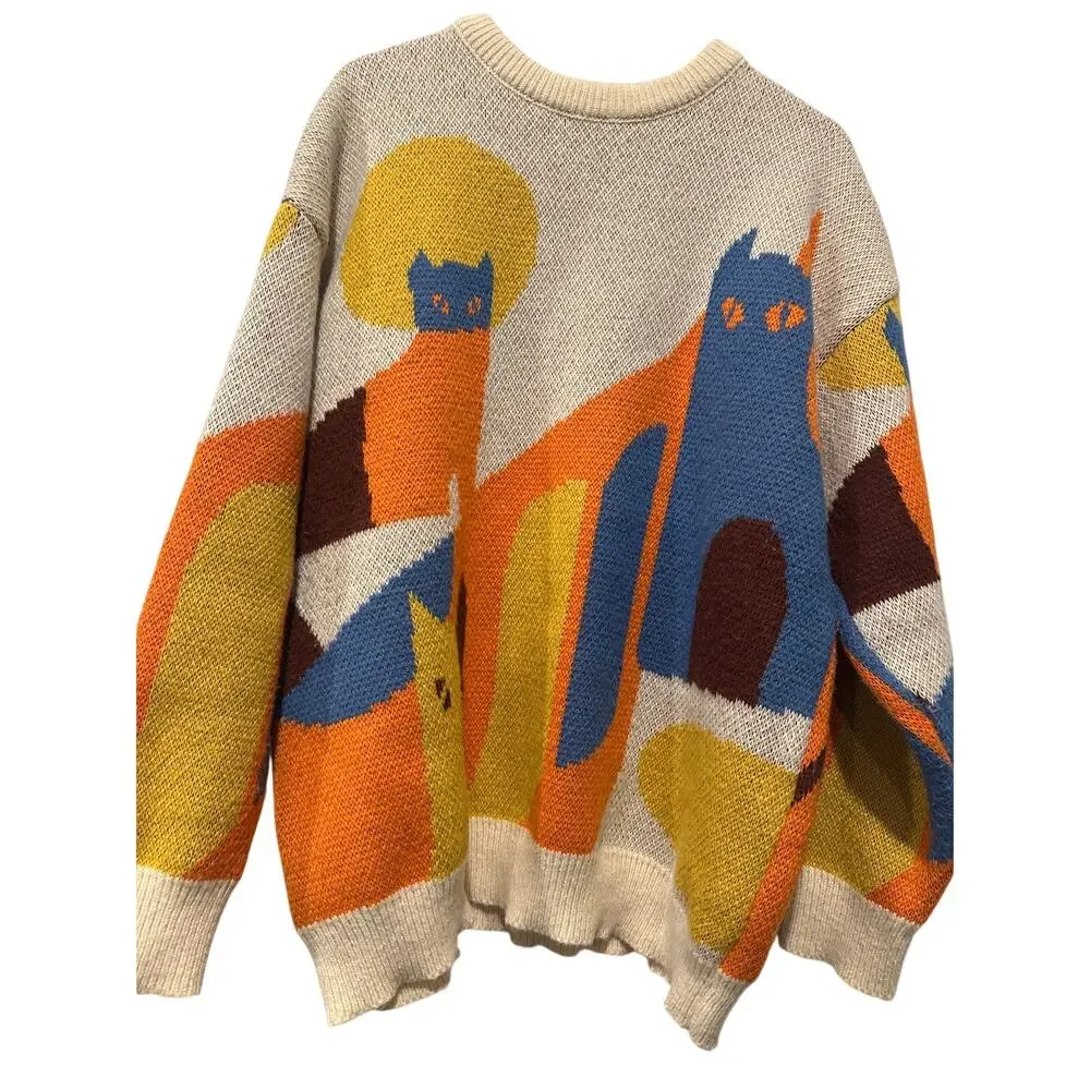 Size XL Cat Sweater Cozy Loungewear Gift Collector Blue Unique Oversized Knit - Picture 2 of 13